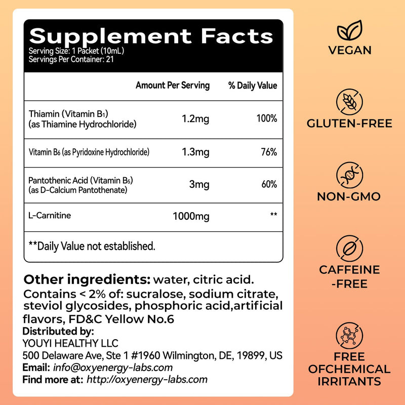 OxyEnergy Liquid L-Carnitine Supplement 1000mg - Gentle for Daily Use, Zero Calorie, Sugar-Free, Stim-Free Fat Burning & Endurance Booster, 21 On-the-Go Individual Liquid Sticks