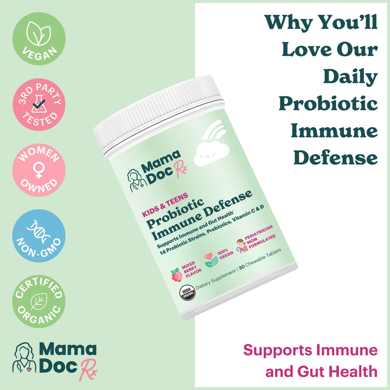 Certified Organic Kids & Teens Probiotic Immune Defense - 5 Billion CFUs | Sugar Free, Vegan, Gluten-Free | 14 Probiotic Strains, Prebiotics, Vitamin C & D | 30 Chewable Tablets, Ages 4+