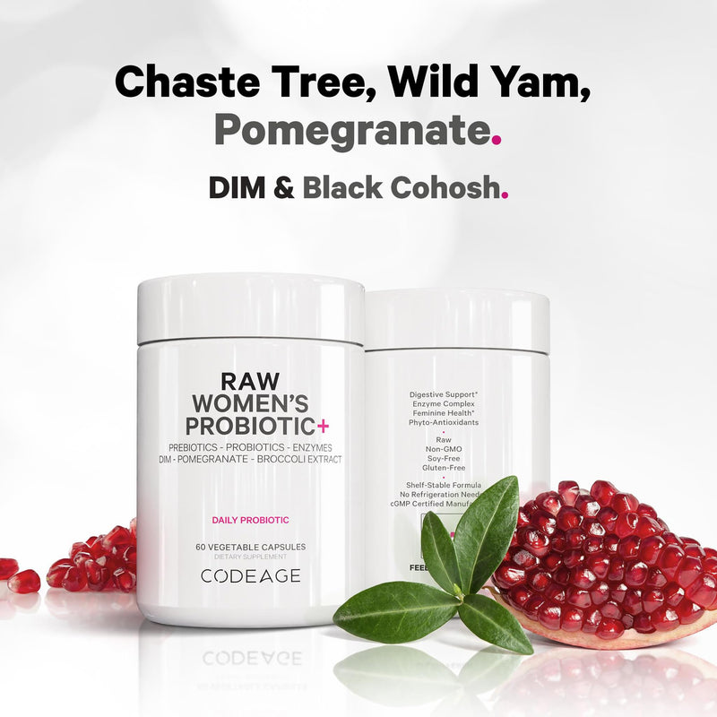 Codeage Raw Women’s Probiotic+ Supplement - 34 Probiotic Strains, 100 Billion CFUs, Digestive Enzymes, Prebiotic Blend, DIM, Herbal Extracts, Phytonutrients - Non-GMO - 60 Capsules