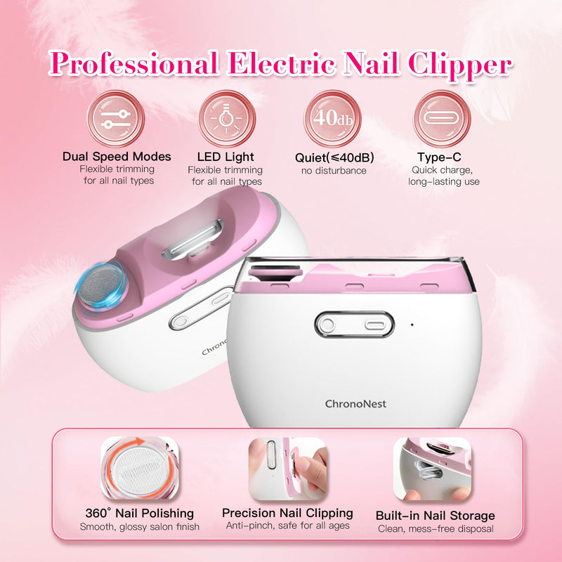 Electric Nail Clipper 2-in-1, Automatic Nail Trimmer & Polisher with LED Light, Rechargeable Manicure Kit Safe for All Ages, Kids, Seniors & Weak Hands(Pink) Light Pink - BeesActive Australia