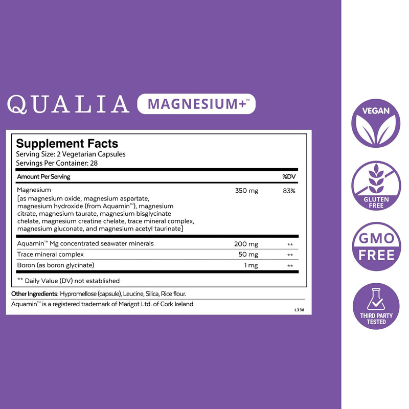 Qualia Magnesium Supplement with Glycinate, 10 Forms and 70+ Minerals | Magnesium complex for women & men with citrate & taurate, for sleep & muscle recovery; clinically studied, high absorption 56 Count (Pack of 1)