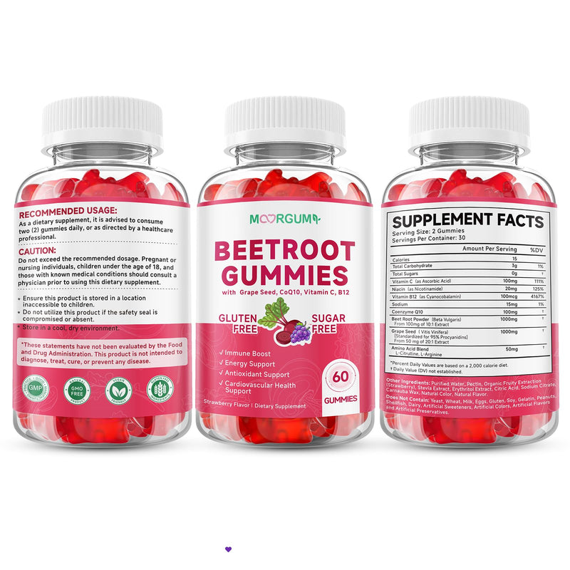 Beetroot Gummies with Grape Seed, Niacin, CoQ10, Vitamin C, B12, L-Citrulline & L-Arginine, Antioxidant Support, Sugar-Free Beet Root Supplement for Women & Men, 120 Count 30 Count (Pack of 2)