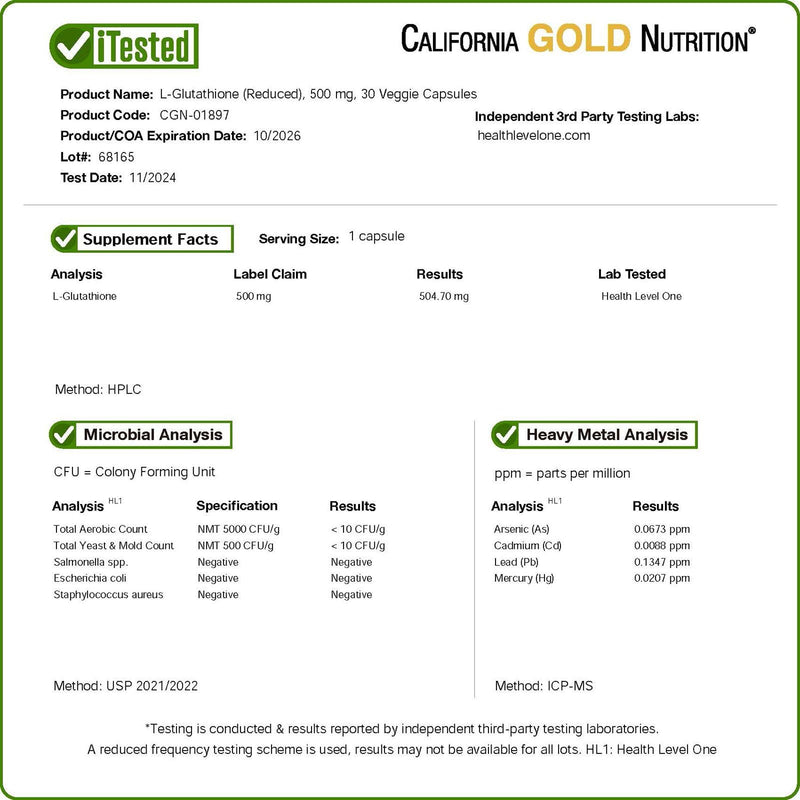 California Gold Nutrition L-Glutathione (Reduced), 500 mg, 30 Veggie Capsules