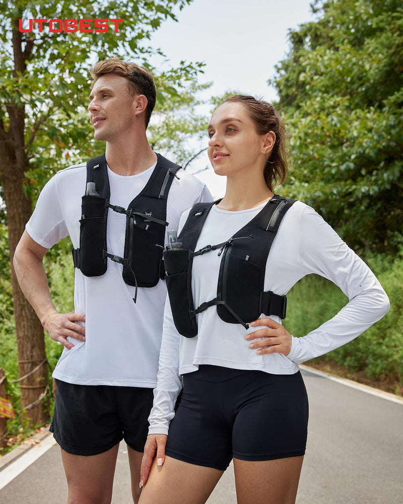 Running Vest for Women Men, Reflective Hydration Vest, Adjustable 5L Phone Holder with Bonus Gift LED Safety Light Black Medium