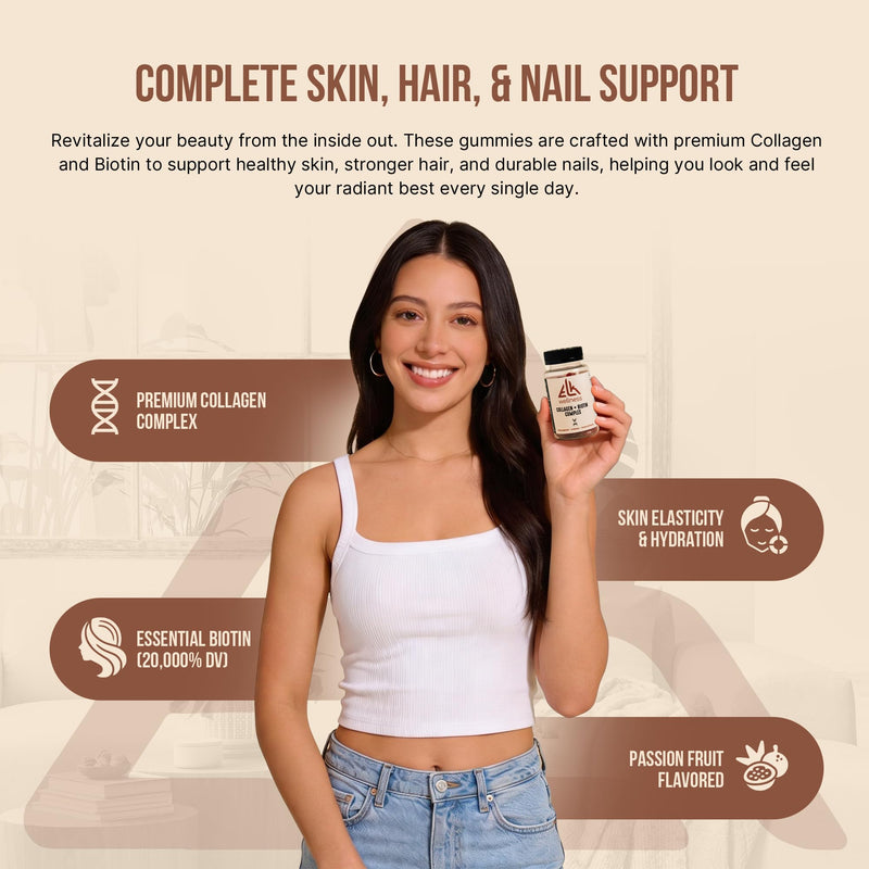 Collagen + Biotin Gummies for Hair, Skin & Nails - 60 Gummies | Biotin Collagen Supplement, Hair Growth Vitamins, Multi-Vitamin Beauty Blend, Passion Fruit Flavor, Non-Gmo Gmp-Certified