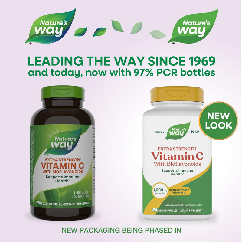 Nature's Way Extra Strength(1) Vitamin C with Bioflavonoids, Supports Immune Health*, Promotes Collagen Production for Healthy Skin*, 1,000 mg per Capsule, 250 Vegan Capsules (Packaging May Vary) 250 Count (Pack of 1)