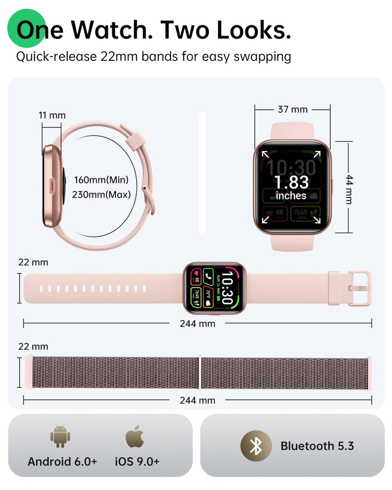 Smart Watches for Women, 1.83" Alexa Smart Watch for Android & iPhones with Call/SMS/Reminder, 120+ Sport Modes Fitness Watch with Sleep/Heart Rate Monitor, Activity & Health Tacker, 3ATM Sport Watch Soft pink