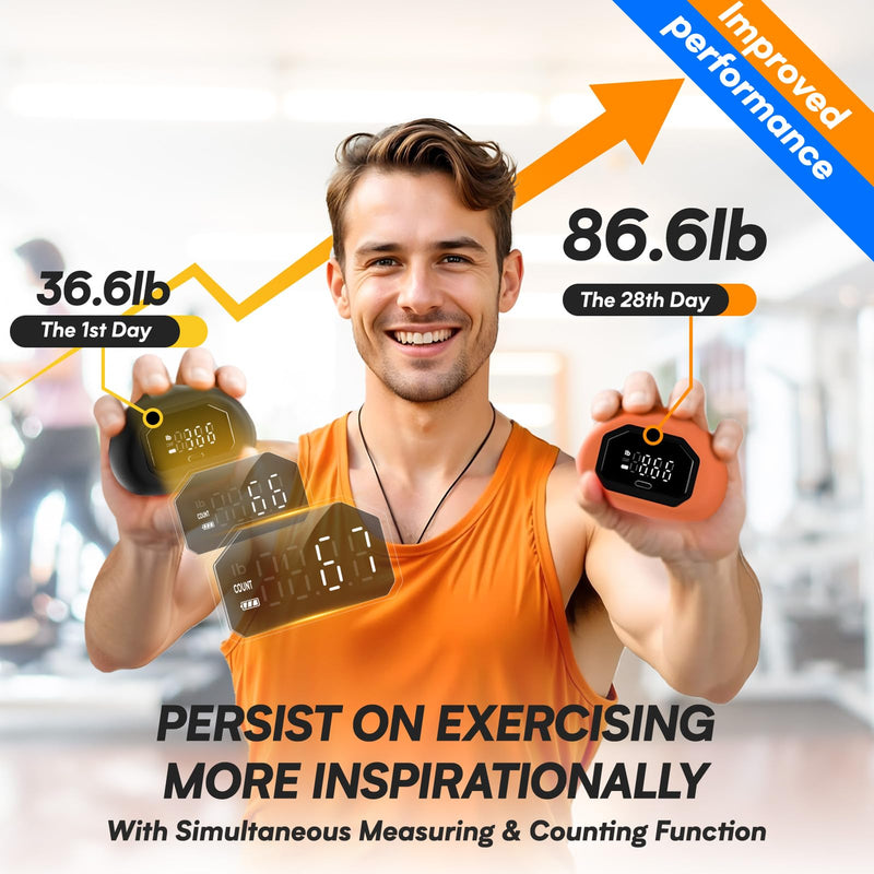 Hand Grip Strength Tester Trainer - HICHOR Rechargeable Mini Hand Strength Dynamometer for Hand Palm and Finger Workouts with Finger Exerciser and Stretcher Exercise Equipment Black Orange