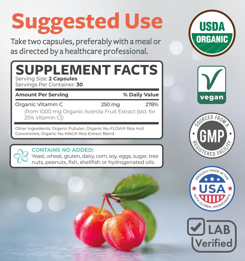 Certified Organic Vitamin C Supplement - Whole Food Acerola Vitamin C Immune Support Supplement for Seasonal Wellness with Naturally Occurring Bioflavonoids Polyphenols & Cofactors (1 Month Supply) Organic Vitamin C 60 Count