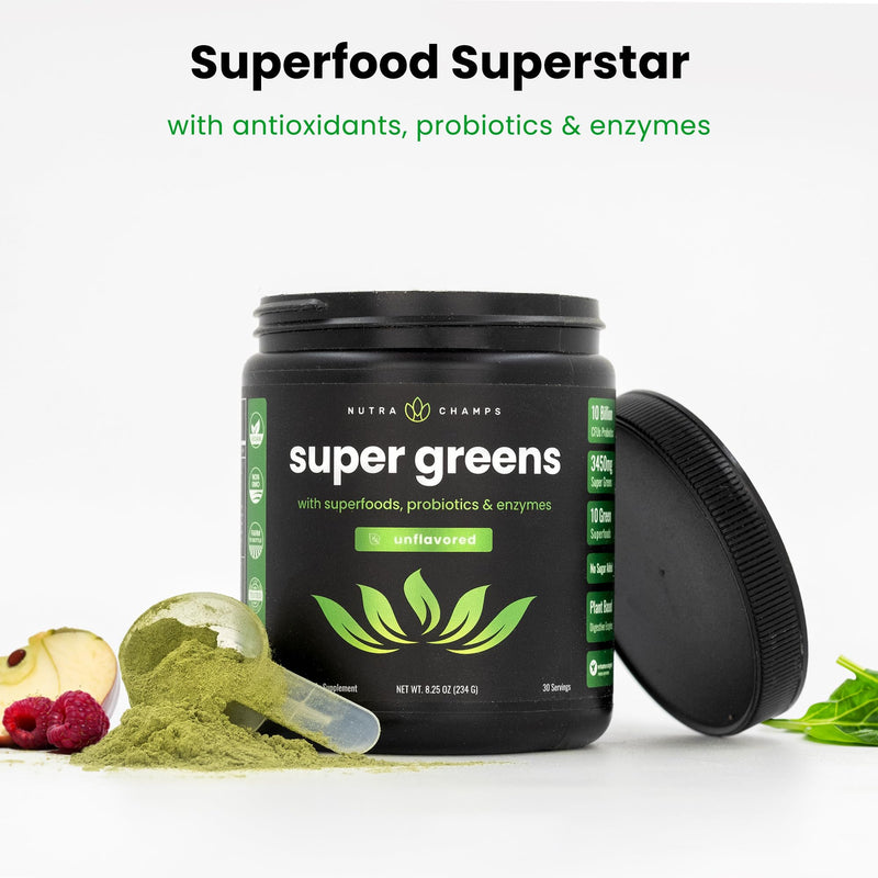 NutraChamps Super Greens Powder Premium Superfood | 20+ Organic Green Veggie Whole Foods | Alfalfa, Spirulina, Chlorella & More | Antioxidant, Digestive Enzyme & Probiotic Blends | Unflavored | 60 SVG 18 Ounce (Pack of 1)