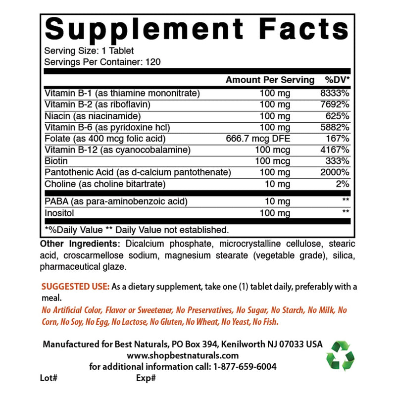 Best Naturals B 100 Complex 120 Tablets (B Complex Vitamins) (120 Count (Pack of 2)) 120 Count (Pack of 2)