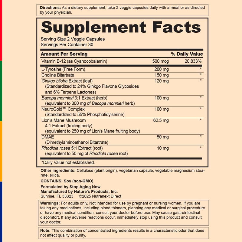 Stop Aging Now - Brain Supplement Complex - with Ginkgo Biloba, Lion's Mane, Bacopa, and DMAE - 60 Vegetarian Capsules - Advanced Blend