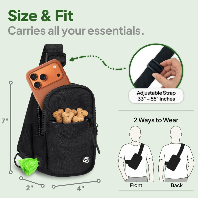 Hands Free Crossbody Dog Leash Bag with Built-in Poop Bag Dispenser & Storage, Dual Bungee Shock-Absorbing Leash with Dual Handles for Small, Medium, Large Dogs Walking or Training (Black) Black