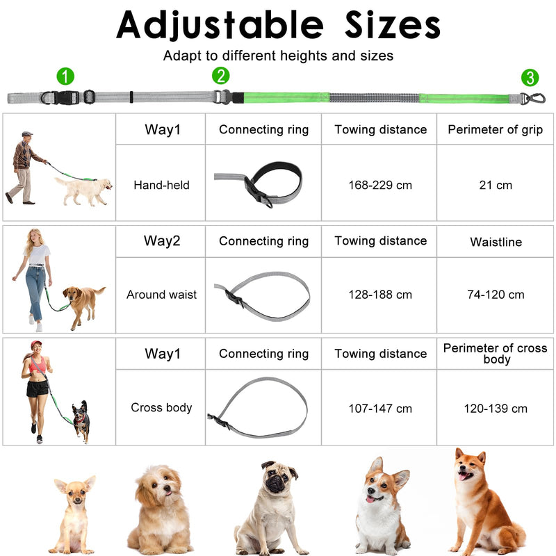 Hands Free Dog Leash, 8.2 FT Waist Leash for Walking, Jogging, Hiking, Adjustable Crossbody Belt with Double Padded Handles, Bungee Car Seatbelt Design for Medium Large Dogs, Gray + Green