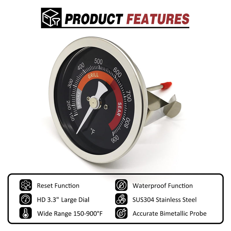 3.3” Large Thermometer Replacement for Big Green Egg Grill, Accurate Temp Gauge Probe w/Recalibrated Function, Waterproof Temperature Gauge for BGE Accessories, SUS304 Stainless Steel Dome Thermostat