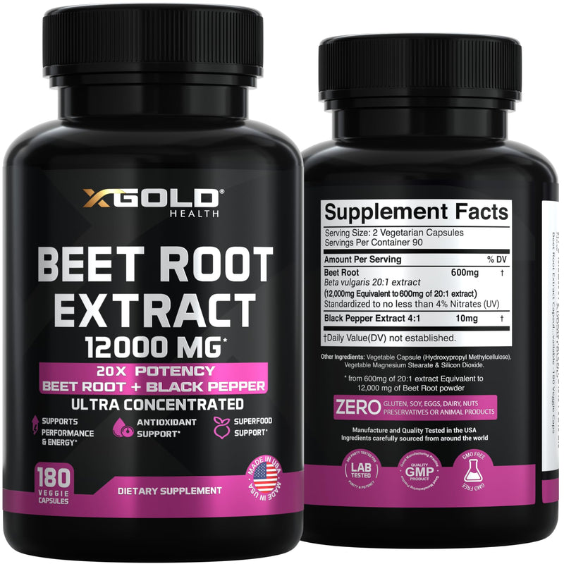 Beet Root Extract Capsules - 12000mg 20x Concentrated Beet Root Capsules Supplement w/Black Pepper - High Nitrates - Natural Nitric Oxide Booster - Highly Concentrated & Bioavailable -180 Veggie Caps