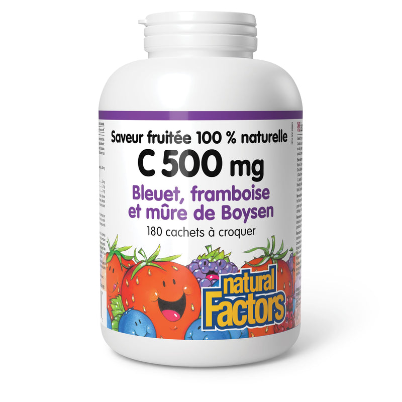 Natural Factors, Kids Chewable Vitamin C 500 mg, Supports Immune Health, Bones, Teeth and Gums, Blueberry, Raspberry and Boysenberry, 180 Count (Pack of 1) Blueberry Raspberry and Boysenberry 180 Count (Pack of 1)
