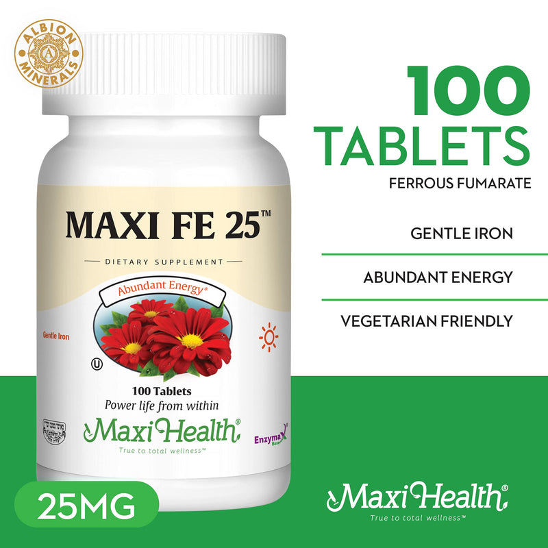 Maxi Health Iron Supplement for Women & Men - Gentle Iron 25 mg for The Stomach - Non Constipating* Pills - Kosher - Non GMO - Vegetarian (100 Tablets) | Kosher | Gentle Non-Constipating Iron | Chelated Iron & Red Blood Cell Support | Vegetarian | Doct...