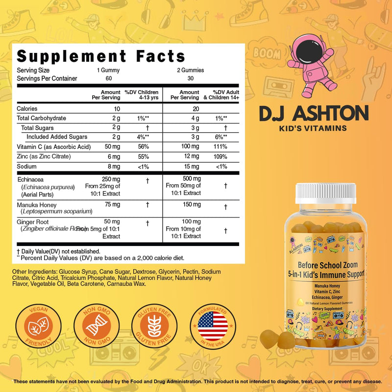 Generic 5-in-1 Kid's Immune Support Gummy, Manuka Honey, Vitamin C, Zinc, Echinacea, Ginger, Gummy Supplement, Essential Immune Support Gummies for Daily Use, Natural Citrus Flavored - 60 Count