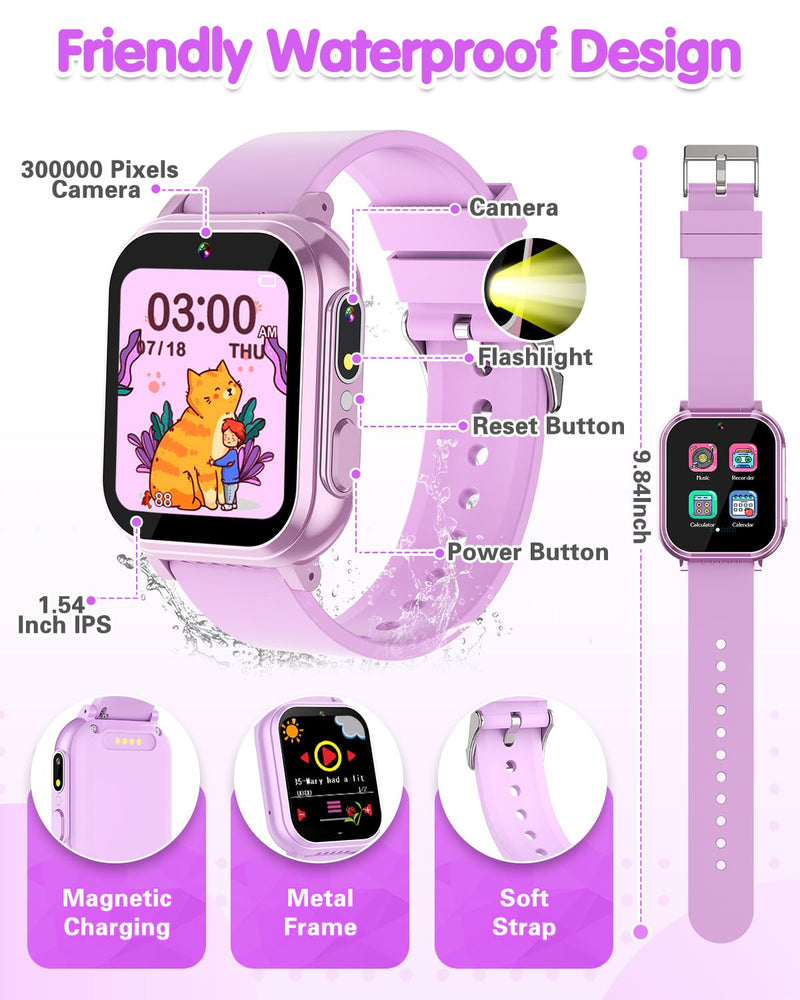 Kids Smart Watch Girls Gifts Age 3-12, Waterproof Watch for Kids with 32 Games, Dual Camera, Touch Screen, Alarm Clock, Music Player, Pedometer Birthday Gift Toys for Girls Ages 5 6 7 8 9 10 (Purple) PURPLE