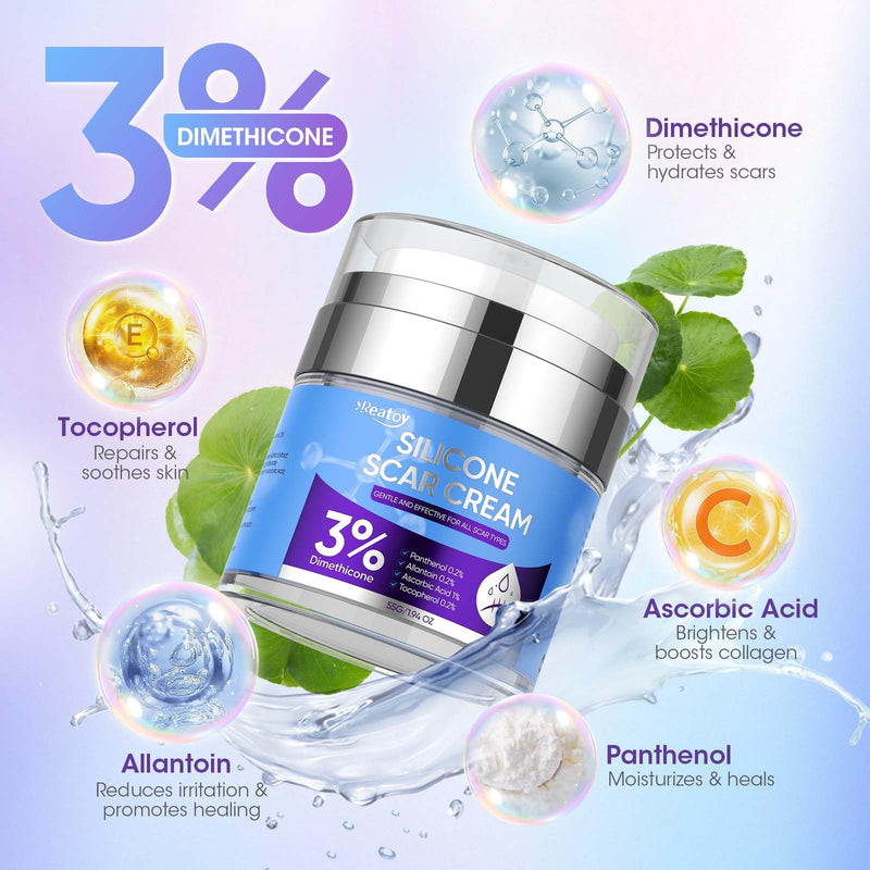 Silicone Scar Cream for Surgical Scars, 3% Dimethicone Complex Silicone Scar Gel for Old & New Scars, C-Section, Pregnancy, Acne, Injury, Keloids, Burns, Non-Irritating Scar Removal Cream(55ML) 55ML - BeesActive Australia