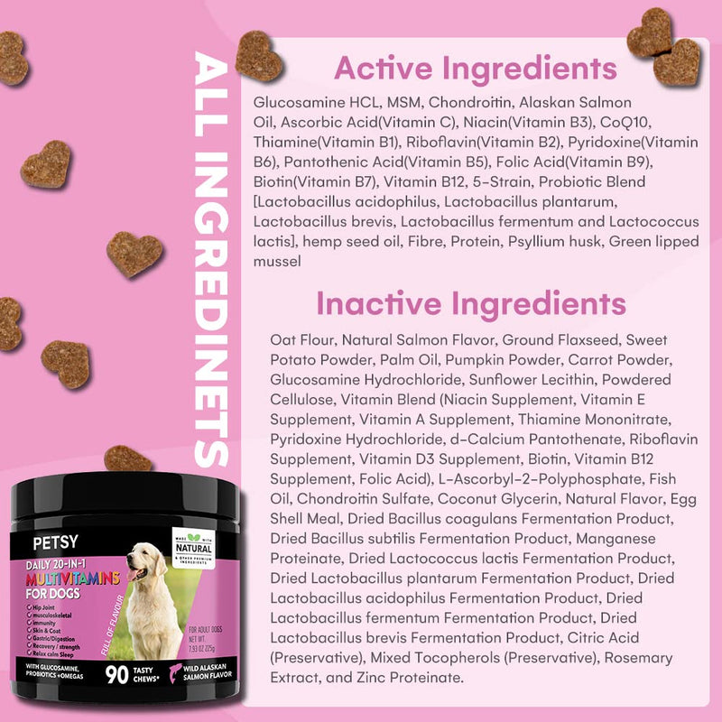 PETSY Multivitamin for Dogs – 20-in-1 Dog Multivitamin Chews with Probiotics, Glucosamine & Chondroitin with Salmon Oil, Biotin & Folic Acid | Joint, Gut, Skin & Immune Support | Natural Treats Salmon Flavour Chews