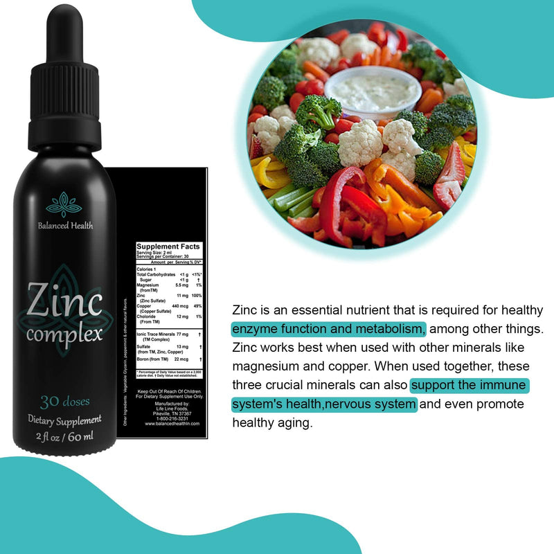 Zinc Complex - 30 Servings, 2oz, Peppermint Flavor, Vegan Liquid Ionic Zinc Sulfate Drops Plus Trace Minerals for Daily Immune System Support