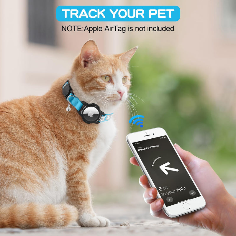 Reflective Airtag cat collar with safety clasp and bell, adjustable cat collar with Apple Airtag case (blue, cats and puppies 23-33cm) blue - BeesActive Australia