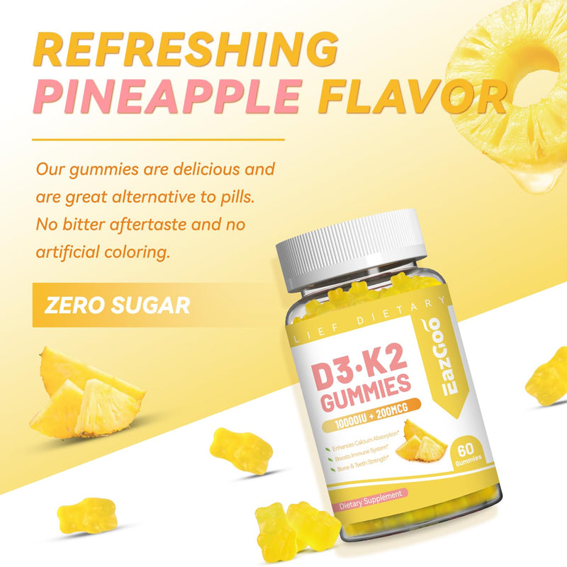 Vitamin D3 K2 Gummies - 10000IU D3 + 200mcg K2 (MK-7) - 60 Count | Sugar Free, with Calcium Citrate & Vitamin B12, Vegan, Non-GMO, Gluten Free