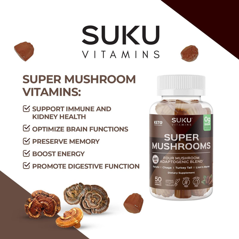 SUKU Vitamins - Super Mushroom -Reishi Chaga, Turkey Tail & Lions Mane Blend Gummies for Immunity - Easy to Chew - Non GMO, Gluten Sugar Free - Espresso Decaffeinated Flavored Gummy Vitamins, 50 Count