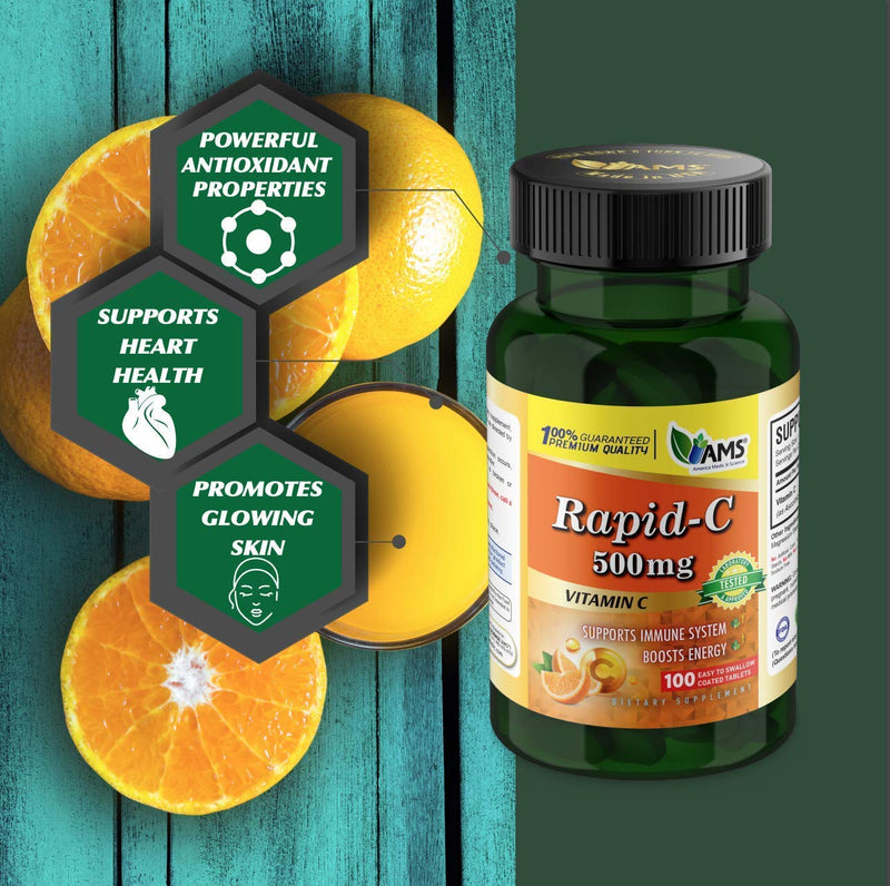 America Medic & Science Rapid-C 500mg Vitamin C Supplement (1 Pack of 100 Tablets) Energy Booster, Daily Immune System Support, Antioxidant | Vegan, Non-GMO Coated Ascorbic Acid for Adult Men & Women 100 Count (Pack of 1)