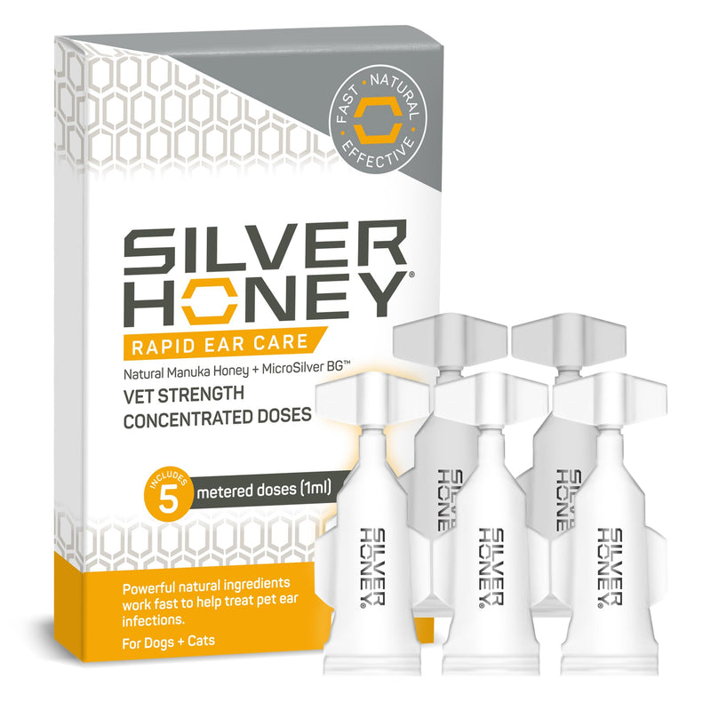 Absorbine Silver Honey Rapid Ear Care Vet Strength Concentrated Doses, 5 Ear Drops for 10 Days on 1 Ear for Dogs & Cats, Medical Grade Manuka Honey & MicroSilver BG - BeesActive Australia