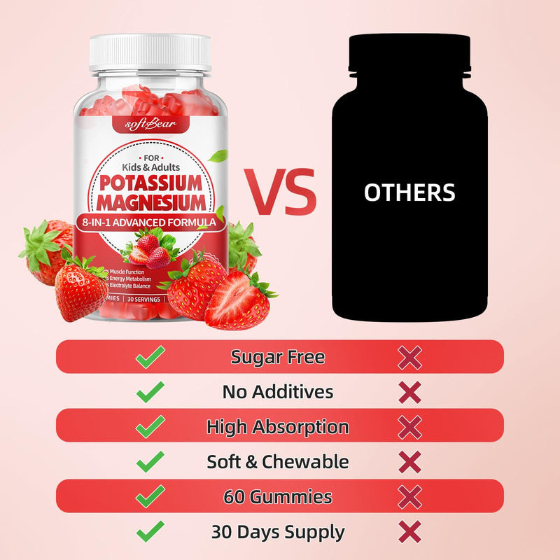 softbear Potassium Gummies for Adults, High Absorption Magnesium Potassium Supplement with Vitamin B6 for Leg Cramps & Muscle Health Sugar-Free Vegan Strawberry 120 Gummies 60 Count (Pack of 2)