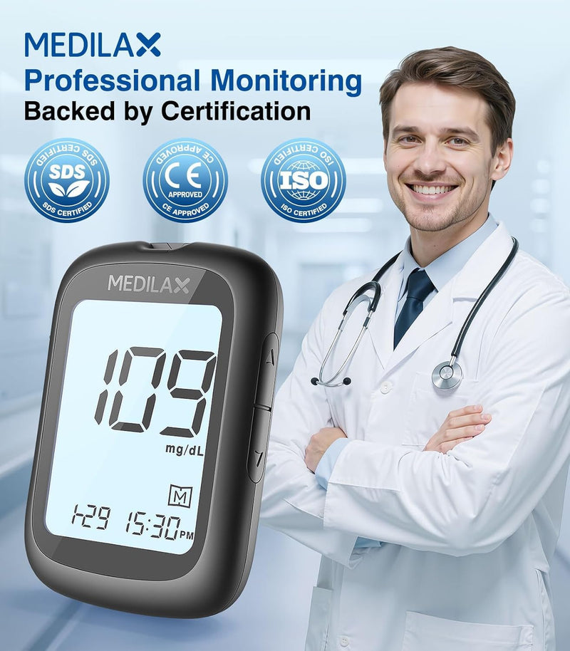 Medilax Blood Glucose Monitor Kit, Blood Sugar Testing Kit with 100 Strips Black