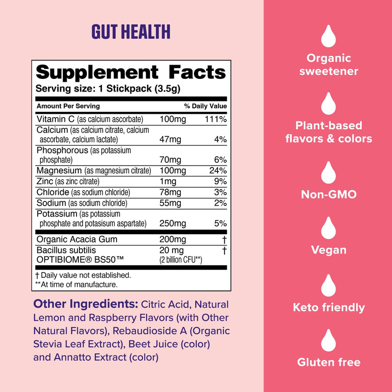 Ultima Replenisher Gut Health Supplement and Electrolytes Powder - Raspberry Lemonade, 14 Stickpacks - Hydration Packets with Added Gut Health Benefits - BeesActive Australia