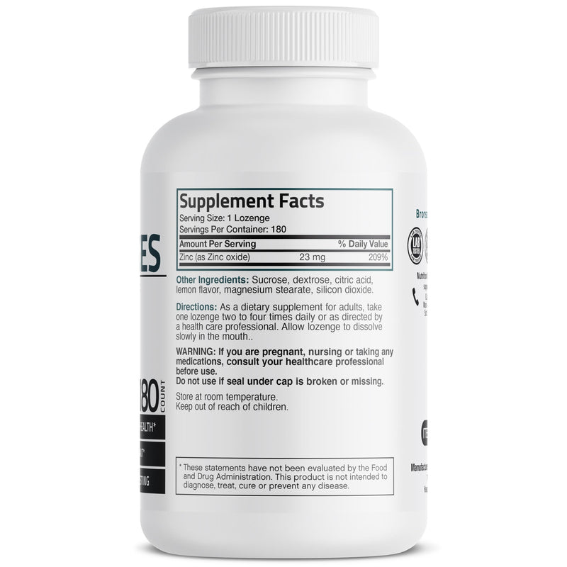 Bronson Zinc Lozenges Antioxidant & Immune Support Supplement Lemon Flavored, 180 Chewable Tablets 180 Count (Pack of 1)