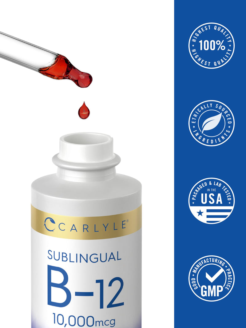 Carlyle Vitamin B12 Sublingual Liquid Drops | 10,000 mcg | 2 fl oz | As Cyanocobalamin and Methylcobalamin | Vegetarian, Non-GMO and Gluten Free 2 Fl Oz (Pack of 1)