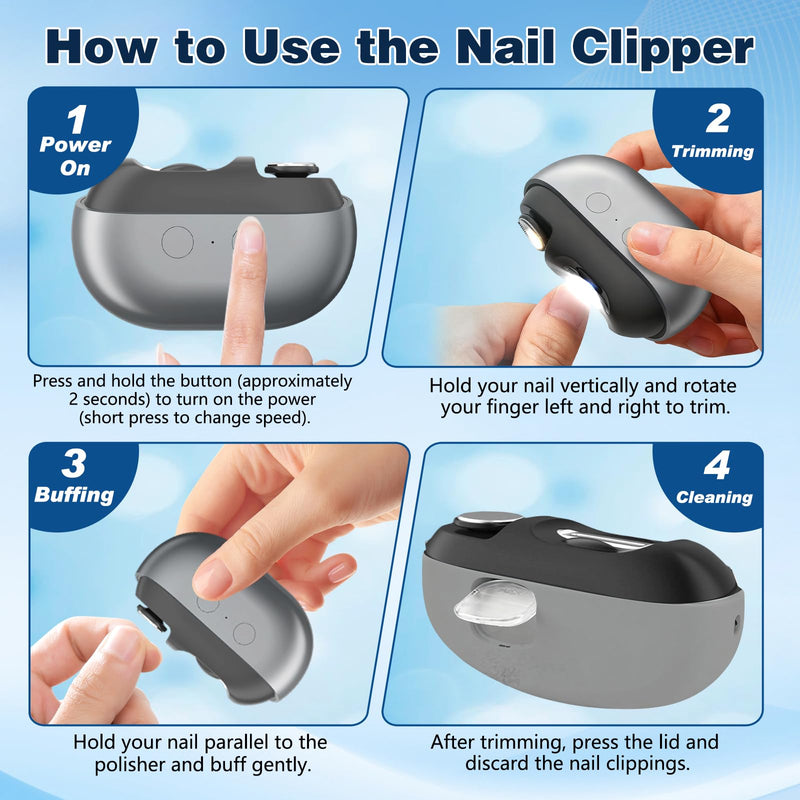 Easy Clip Smart Nail Clipper,New 3 in 1 Easyclip Electric Nail Clippers for Seniors,Automatic Nail Clipper with LED Light & Nail Scraps Storage,Toenail Trimmer for Thick Nails,Seniors,Adult(Gray)