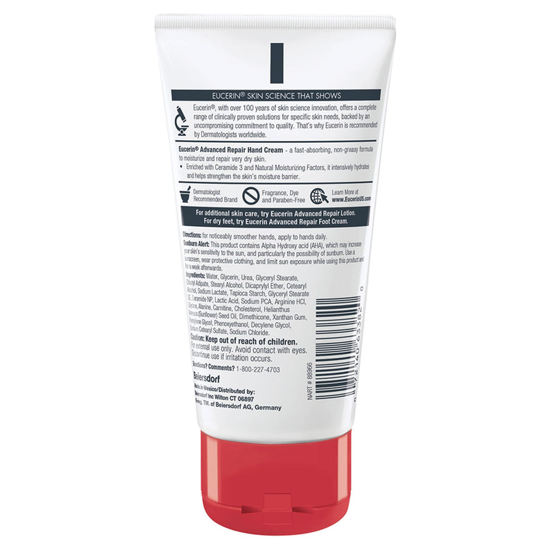 Eucerin Advanced Repair Hand Cream, Immediately Soothes and Repairs Very Dry Skin, Fragrance Free, Non Greasy, Fast Absorbing, Travel Size Hand Lotion, 2.7 Oz Tube, Pack of 3 2.7 Ounce (Pack of 3)