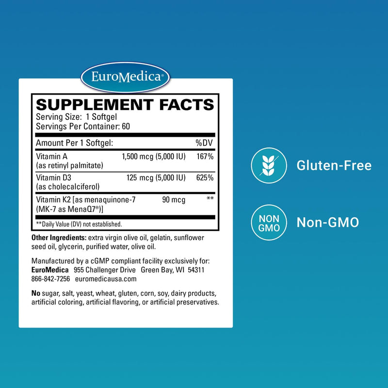 EuroMedica A-D3-K2 Cardio Health - 60 Count | Vitamin A, D3 5000 IU and K2 MK-7 Supplement - Arterial Flexibility, Bone and Cardiovascular Health Support - 60 softgels.