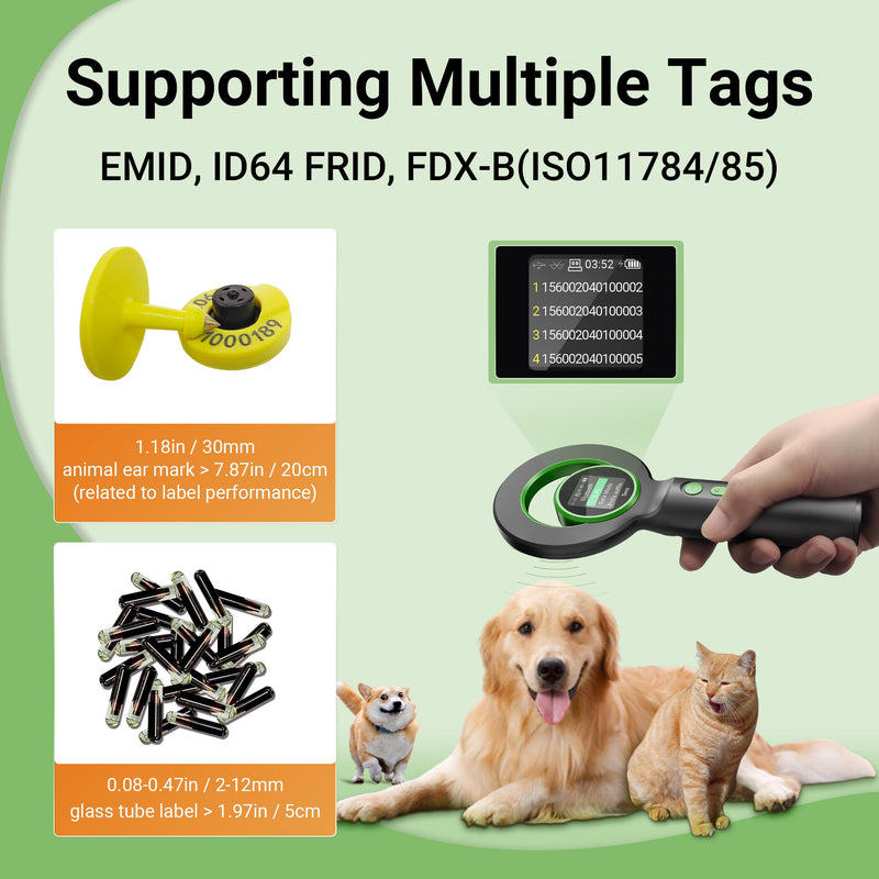 Tera Pet Microchip Scanner Upgrade Large TFT Screen 1800mAh Battery Rechargeable Portable Universal Reader 240 Data Storage for EMID ID64 RFID FDX-B(ISO11784/85) Not for AVID for Dog Management H02 Black-Green - BeesActive Australia