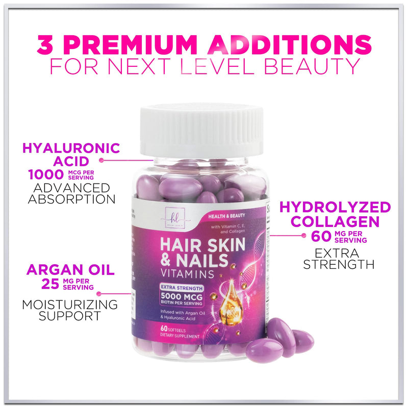 Hair Vitamins for Women for Hair Growth - Argan-Infused Supplement with Collagen, Biotin and Hyaluronic Acid - Supports Faster Hair Growth, Skin & Nails Beauty Vitamins, Bottled in USA - 60 Softgels 60 Count (Pack of 1)