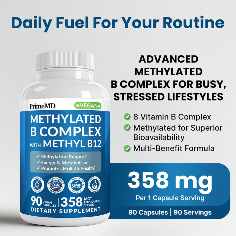 PrimeMD Methylated B Complex, Methylfolate & B12 Methylcobalamin, 90ct | Energy, Brain Function and Wellness Support, Methylated B12 and Methylfolate, B Complex Supplement (Pack of 2) 90 Count (Pack of 2)