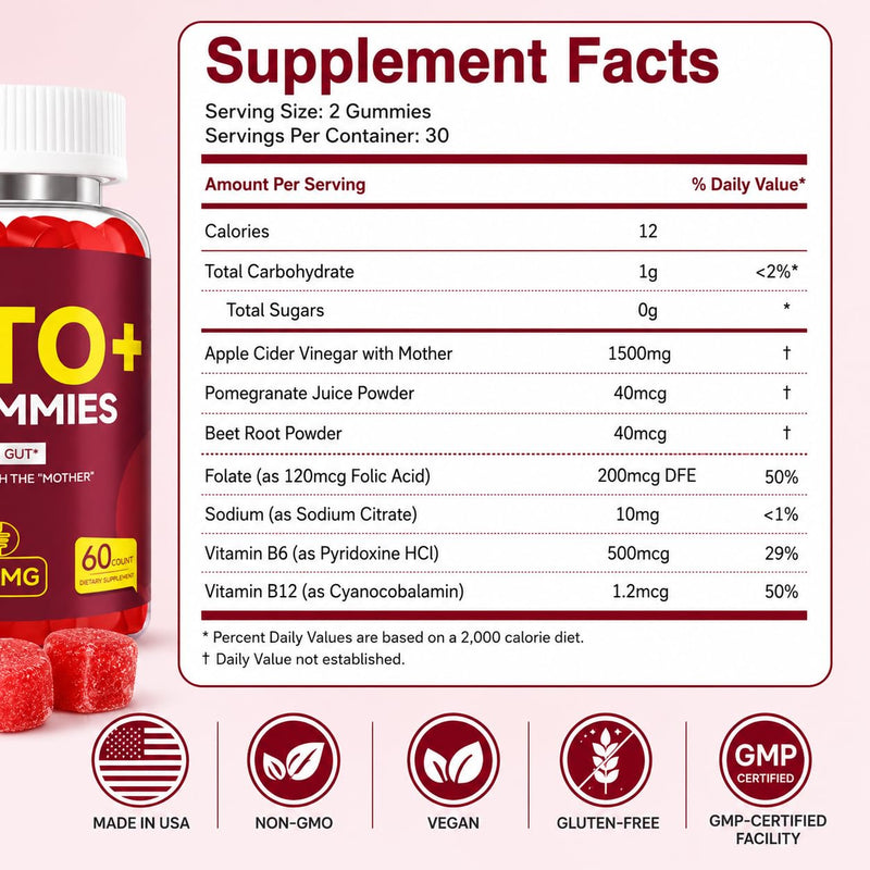 Apple Cider Vinegar Gummies with Mother, B Vitamins, 120 Count, 2 Pack | Twin-bottle supply with 0 g total sugars per serving and a vegan gummy format for home, work and travel.
