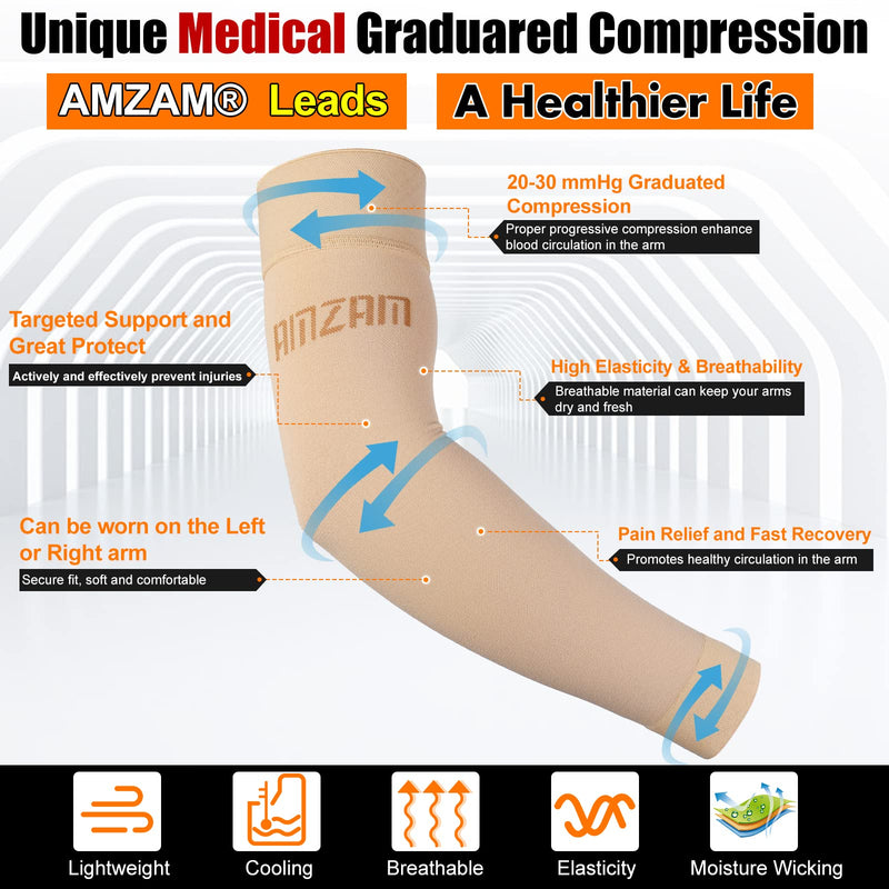AMZAM¬Æ Medical Compression Arm Sleeve for Women & Men, 20-30 mmHg Graduated Compression Brace with Silicone Band for Pain Relief, Lymphedema, Edema, Swelling, Arthritis, Beige 3XL 3X-Large (Single) Beige (20-30 Mmhg) - BeesActive Australia