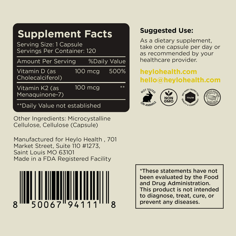 Heylo Vitamin D3 + K2 Supplement – High Potency Vitamin D3 100 mcg (4000 IU) & Vitamin K2 MK-7 100 mcg for Bone Strength, Heart & Immune Support – 120 Capsules (4-Month Supply), Made in USA