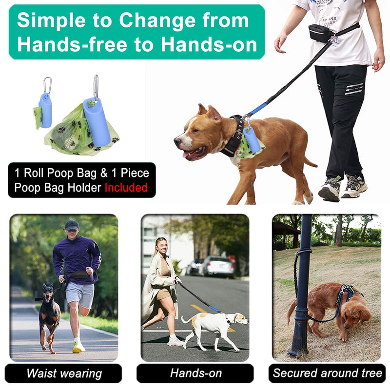 Hands Free Dog Leash, Waist Belt Leash for Dog Walking Jogging, Medium Large Dog Running Leash Hands Free with Pouch and Poop Bag Holder, Reflective Bungee No Hands Leash for Dogs, 25-120 Lbs, 4-6 Ft Blue Type 1 - BeesActive Australia