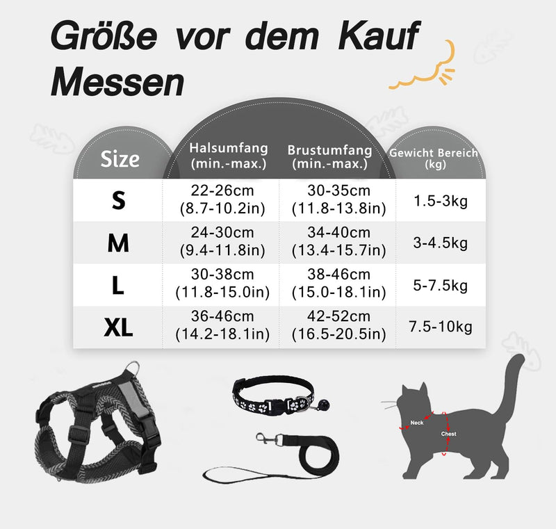 Cat harness with leash set, adjustable cat harness, escape-proof with reflective harness, breathable cat harness and collar set for dogs and cats on walks (S) S - BeesActive Australia