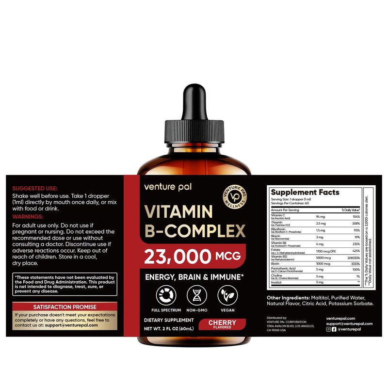 Vitamin B Complex 23000mcg - Methyl B12| B9 Folic|B7 Biotin,B1,B2,B3,B5,B6 | Vitamin B Complex Liquid Drops for Men & Women with Vitamin C, Choline & Inositol for Energy, Immune & Brain Support - 2Oz 2 Fl Oz (Pack of 1) V2-cherry