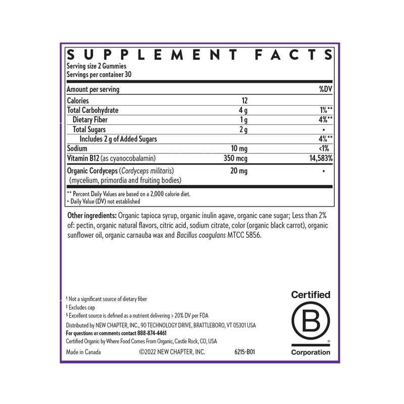 New Chapter USDA Organic Vitamin B12+ Gummies, 60 Count | 47% Less Sugar B12 Gummies for Cellular Energy Support, with Cordyceps, Non-GMO, Gluten Free, Raspberry Flavored
